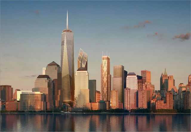 Lower Manhattan skyline at sunset
